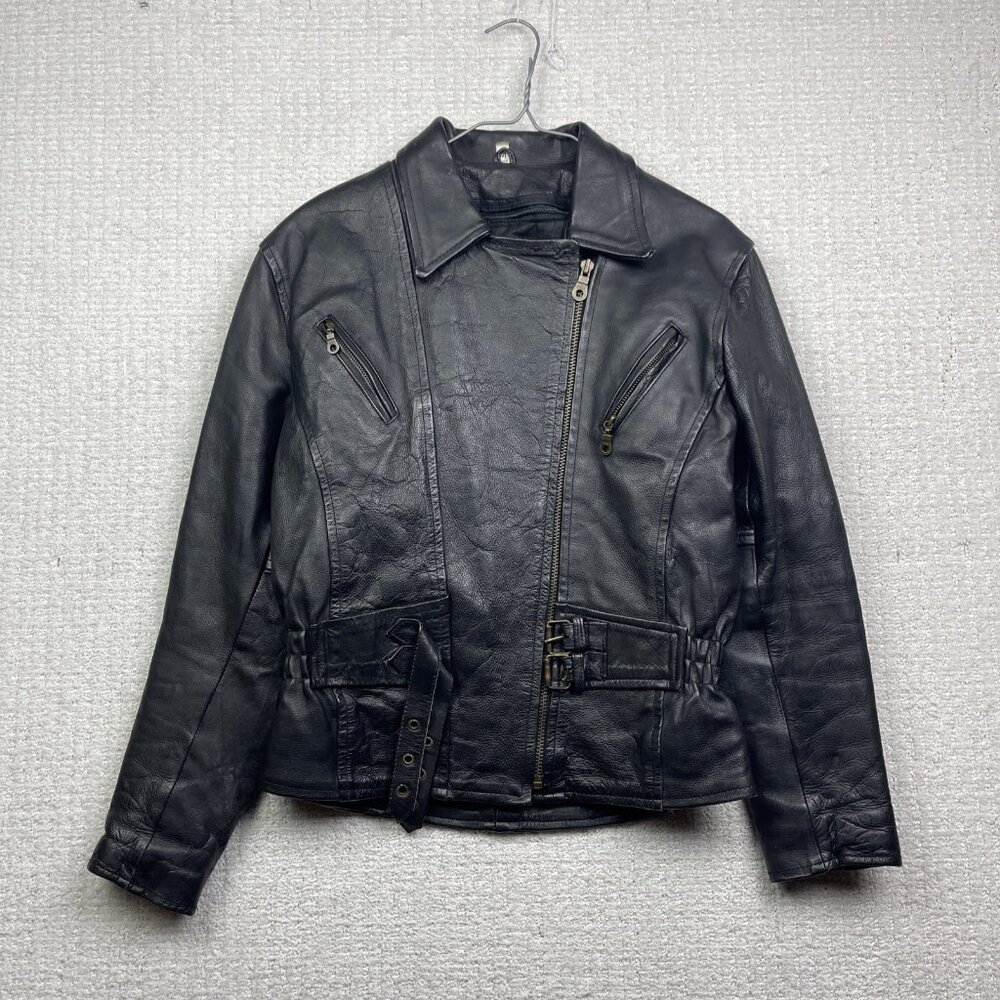 Bullmaster Leather Motorcycle Belted Biker Jacket Café Racer Black Women Sz M